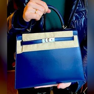 BRAND NEW Hermes k25 Kelly 25 Bleu blue Sapphire box sellier palladium hardware